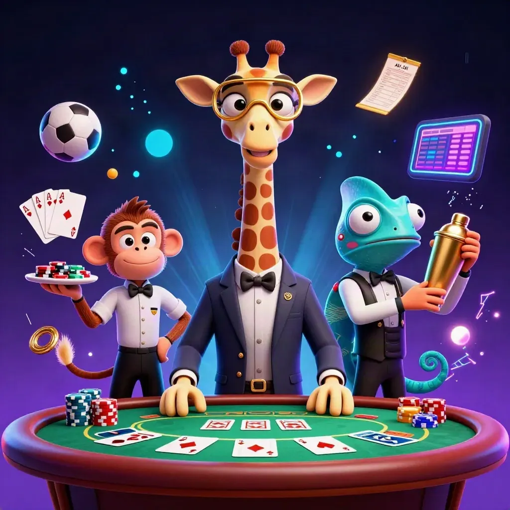 Giraffe, monkey, and chameleon at a neon poker table with chips and casino glow.