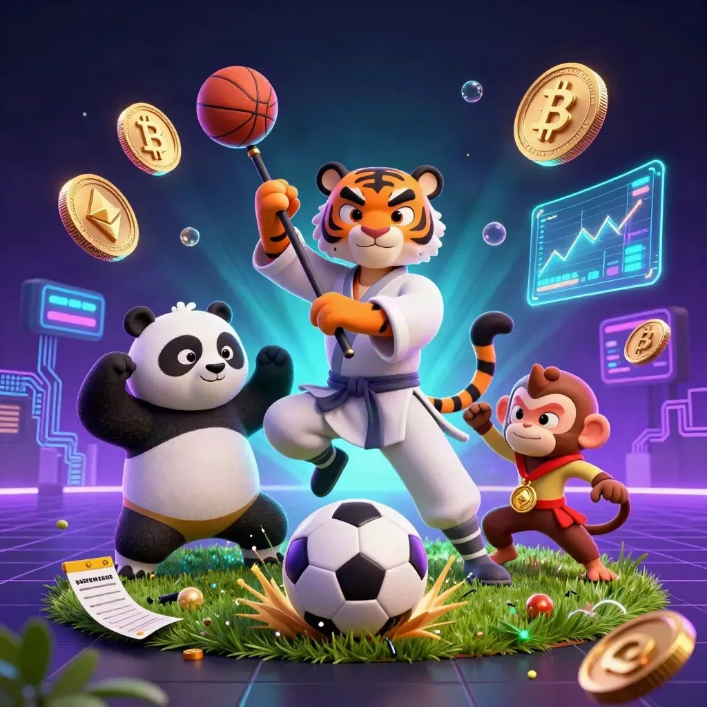 Tiger, panda and monkey erupt around a frozen soccer kick with neon coins and arcade glow.