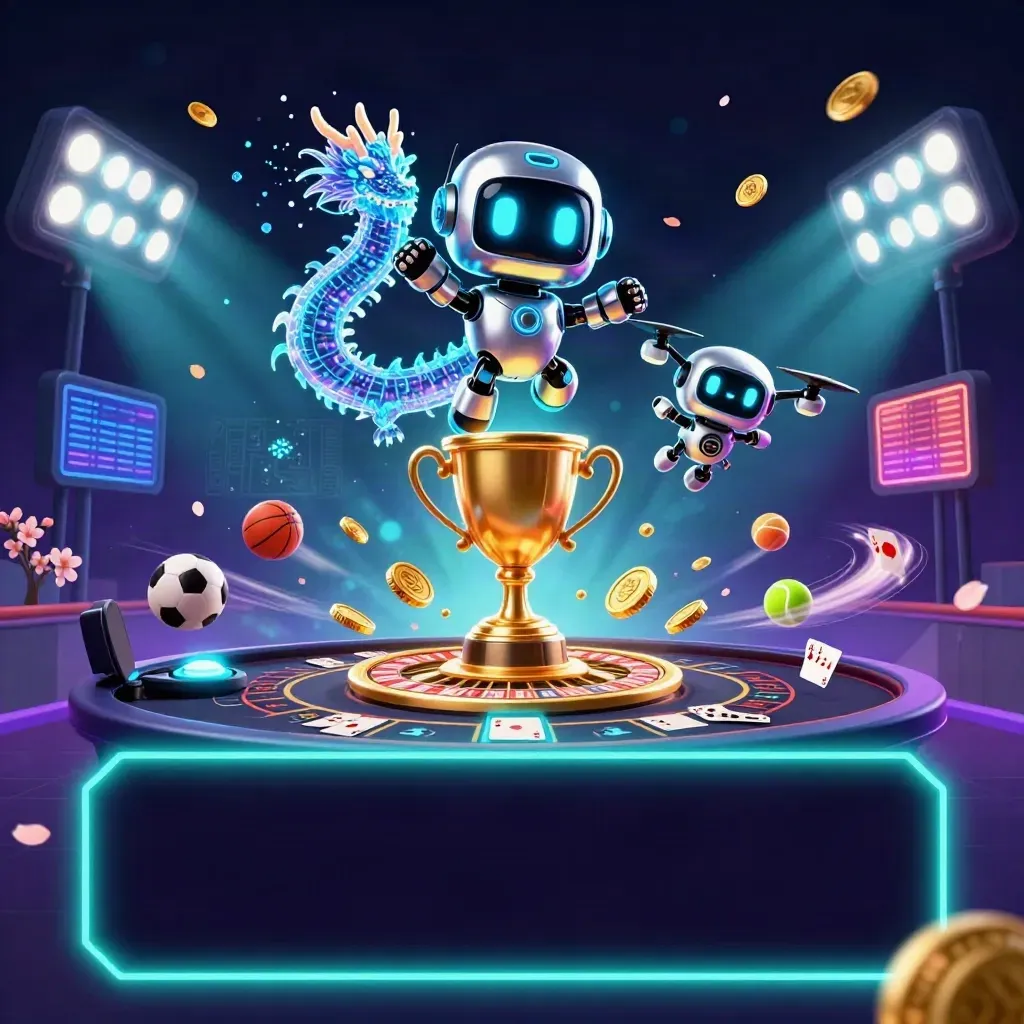 Cyberpunk robot, AI dragon, and coin drone amid casino lights, trophy, coins, and flying sports balls.