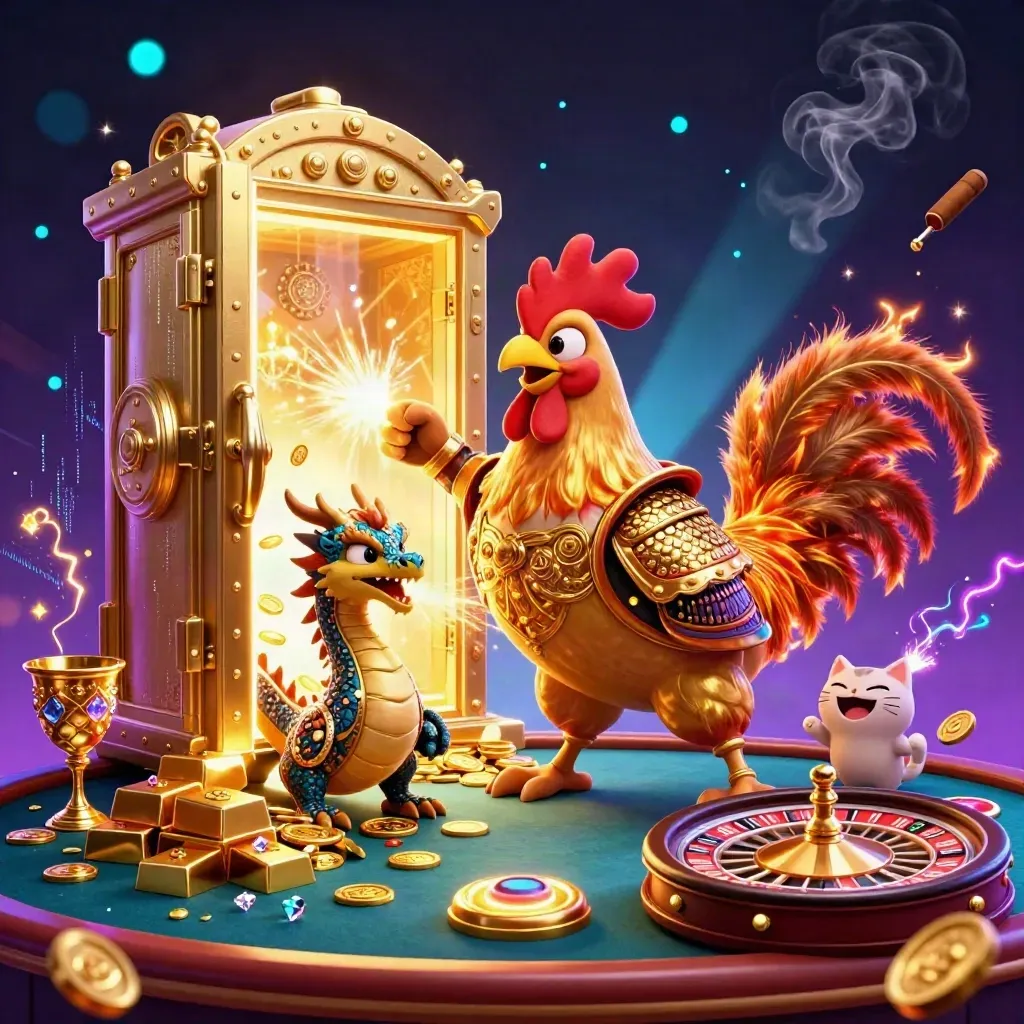 Cartoon rooster samurai, dragon hatchling, and fortune cat in a neon casino vault with gold and sparks.