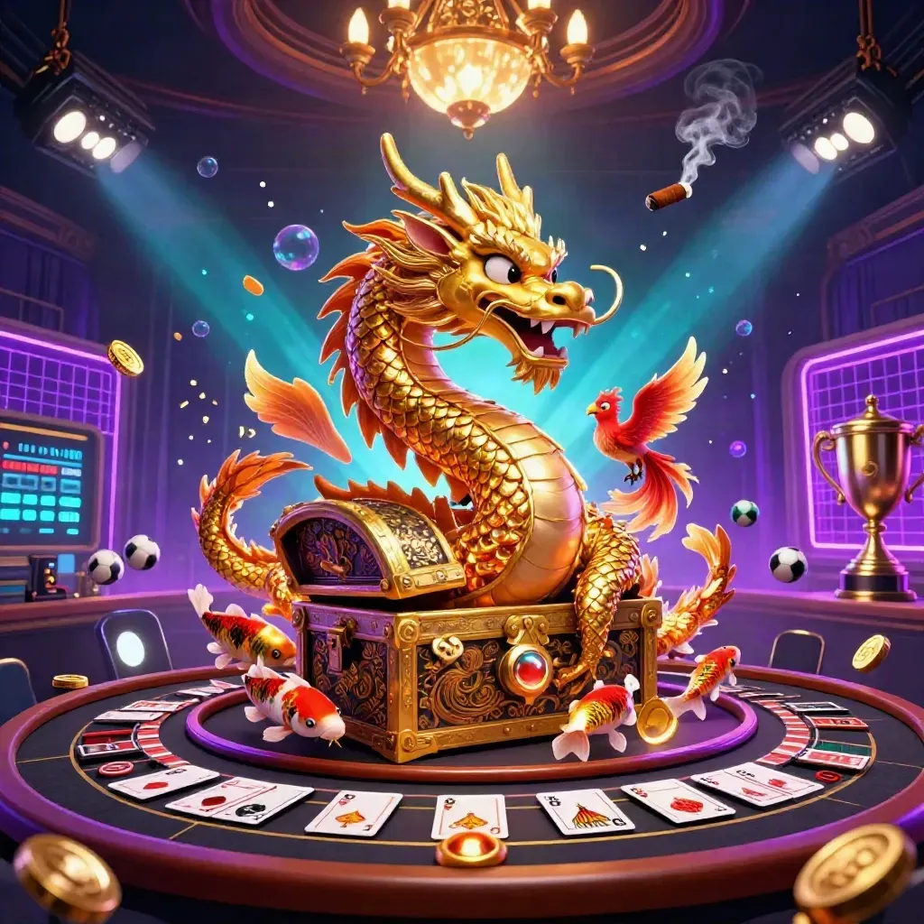 Golden dragon, phoenix and koi amid neon casino props, spinning wheel and cinematic lights