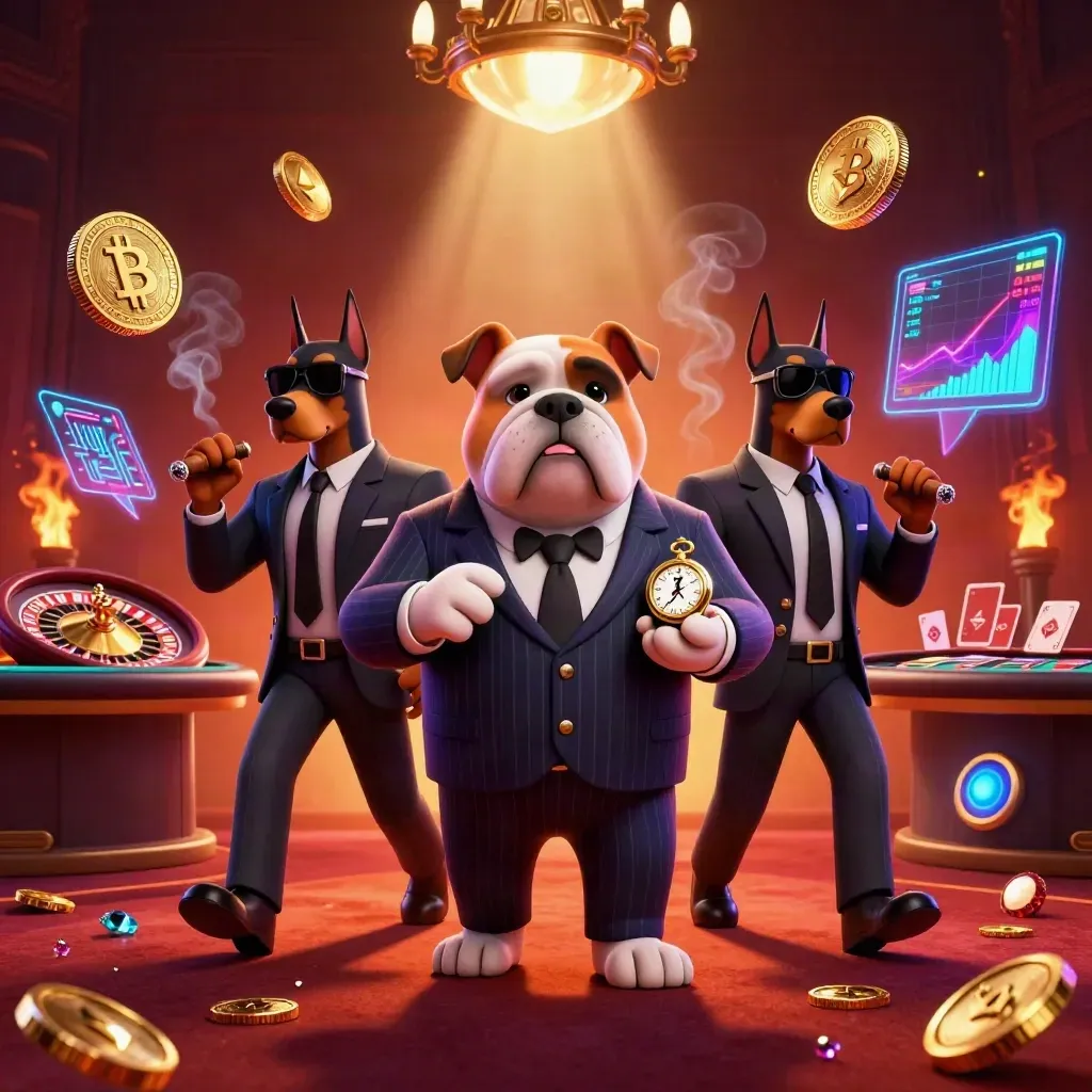 Bulldog mob boss and two Dobermans in a neon casino with coins, charts, and glowing lights.