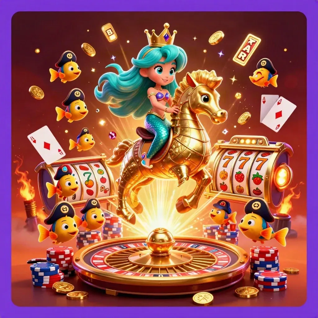 Mermaid princess rides a gold-armoured seahorse amid casino coins, chips, cards, and neon sparks.