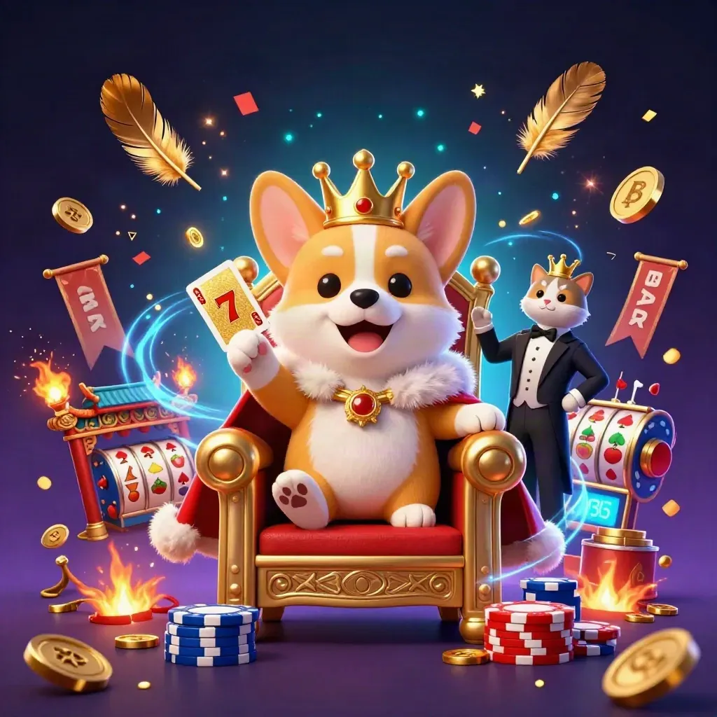 Royal corgi king and cat butler amid neon casino magic, coins, fireworks, and glowing symbols.