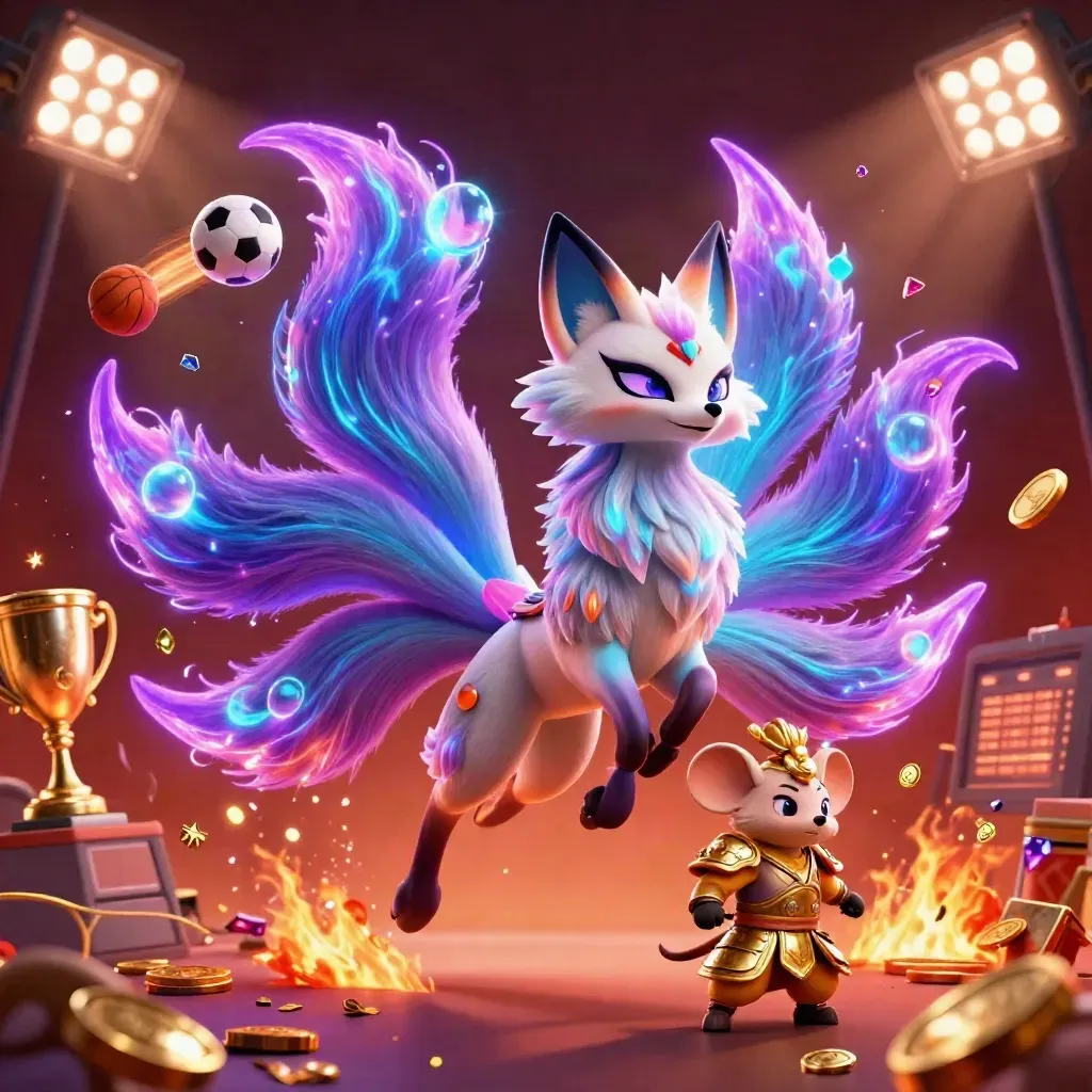 Nine-tailed fox spirit and samurai mouse amid coins, trophy, sports balls and ember glow.