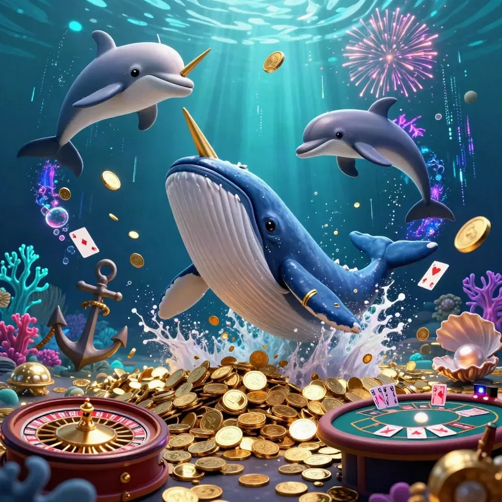 Cartoon whale captain, narwhal, and dolphins in a coin-filled neon underwater casino vault.