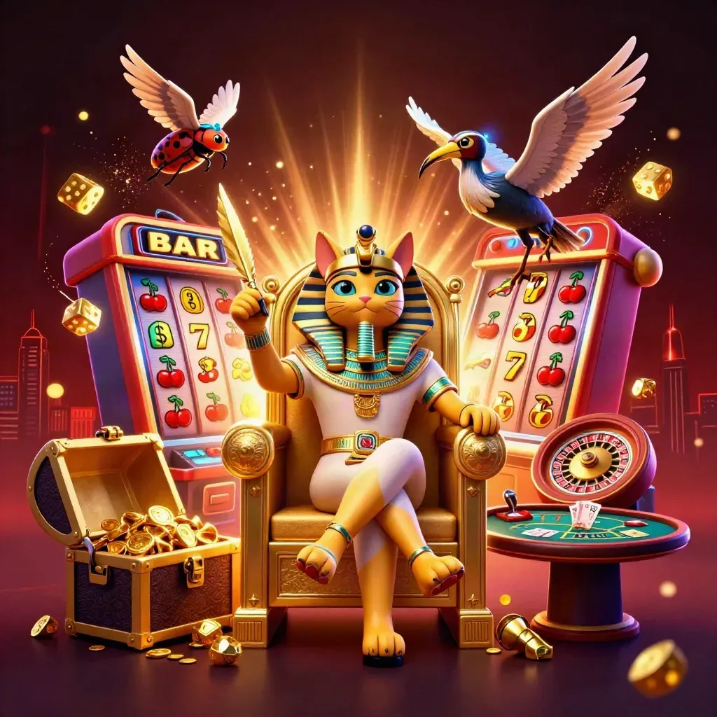 Pharaoh cat, ibis scribe and scarabs amid exploding slot jackpot and gold in neon casino glow