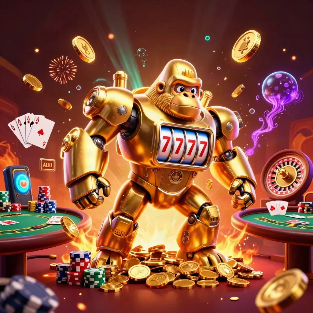 Golden gorilla mech with monkey pilot, casino cards, chips, coins, and neon firelight.