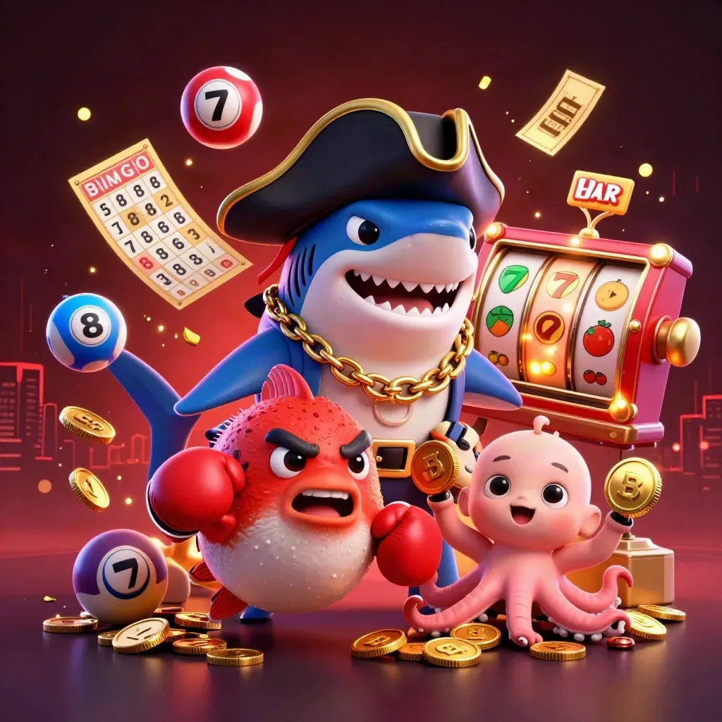 Shark pirate, boxing pufferfish, and juggling octopus in a neon casino explosion.