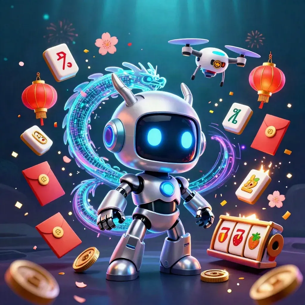 Cyberpunk robot, holographic dragon and coin drone amid casino relics and neon effects