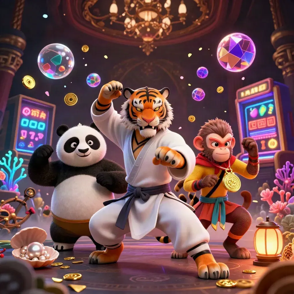 Tiger, panda, and monkey in a neon treasure cove with slots, coins, coral, and glowing casino effects