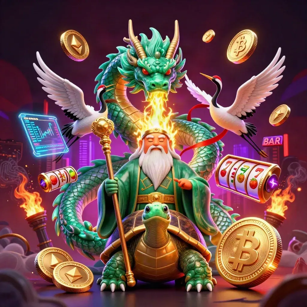 Emerald dragon, turtle sage, and cranes amid gold fire, neon coins, and a dark casino skyline.