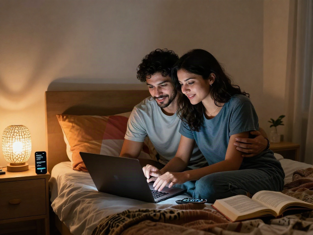 Couple engaged in ai chat porn on a laptop in a cozy bedroom, with warm lighting and colorful decor.